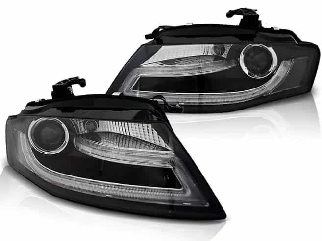 Reflektory Soczewkowe H7 Black z LED TRU DRL i Silniczkiem | Audi A4 B8 Przedlift (04.2008–11.2011)
