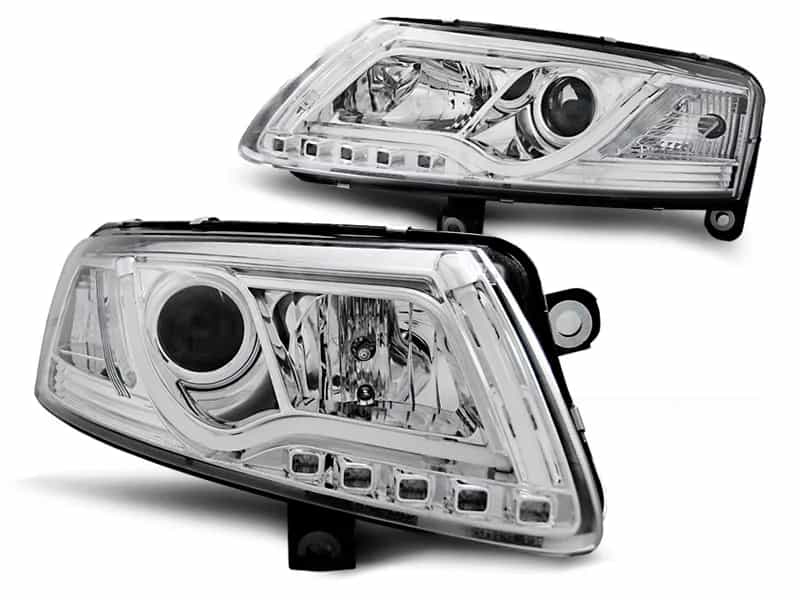 Reflektory Soczewkowe H7/H1 Lampy Chrome LED Tube Light DRL | Audi A6 C6 Przedlift (04.2004–2008)