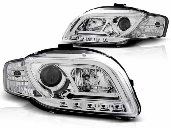 Reflektory Soczewkowe H7/H1 Lampy Chrome z LED Tube Light TRU DRL Audi A4 B7 (11.2004–03.2008)