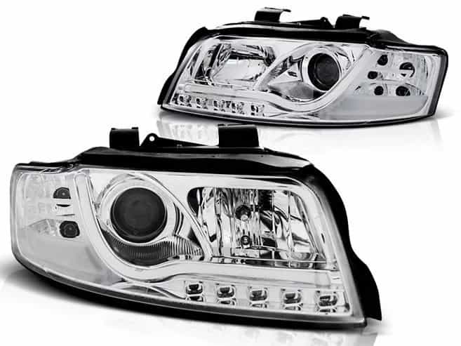 Reflektory Soczewkowe H1/H1 Lampy Chrome LED Tube Light DRL | Audi A4 B6 (10.2000–10.2004)