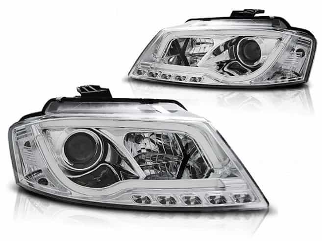 Reflektory Soczewkowe H7/H1 Lampy Chrome LED Tube Light DRL | Audi A3 8P (2008–2012)
